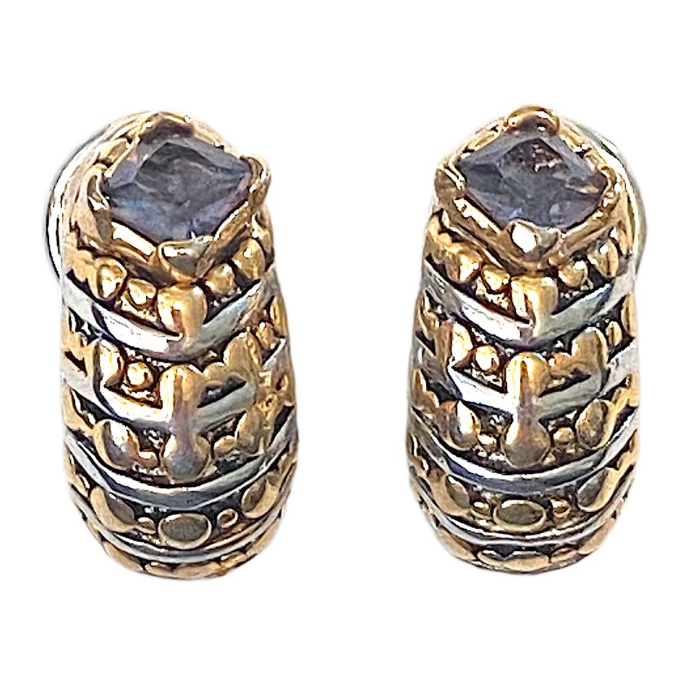 MX MICHAEL MORRISON Signed Purple Rhinestone Mixed Metal Hoop Earrings